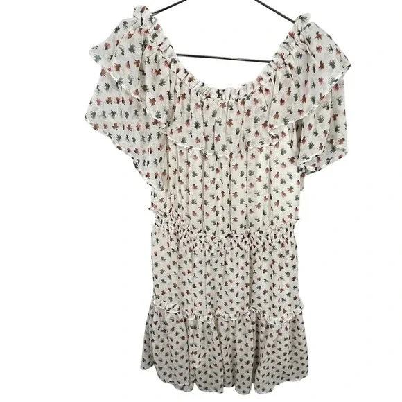 NWT Hayden Floral Cream Mini Dress Smock Ruffle Short Sleeve M Y2K Boho Whimsy - Picture 4 of 9